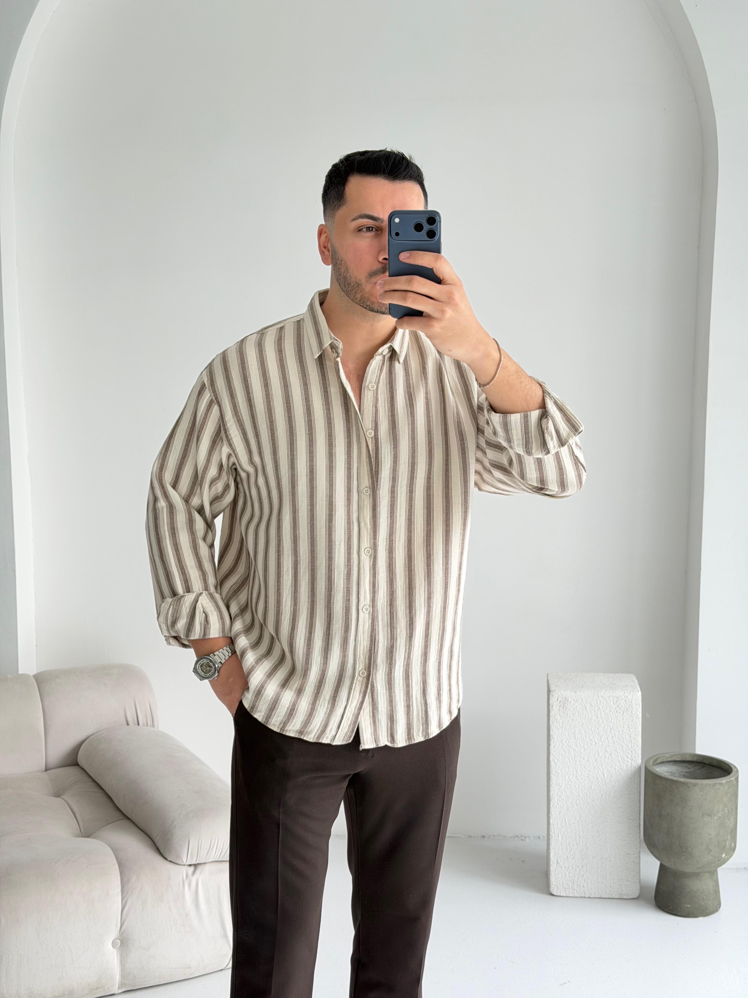 Müslin Kahve Çizgili Oversize Keten Gömlek