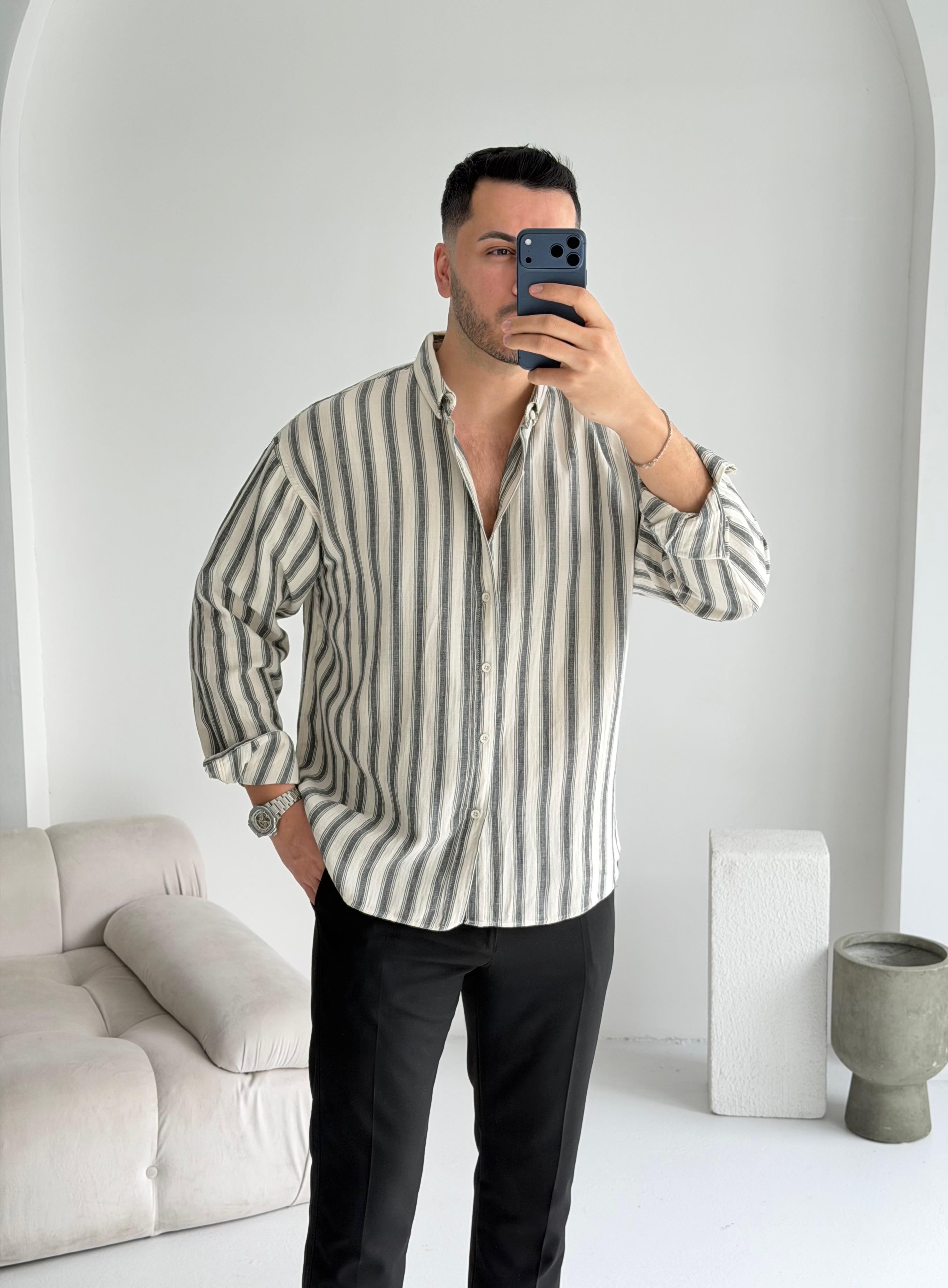 Müslin Siyah Çizgili Oversize Keten Gömlek