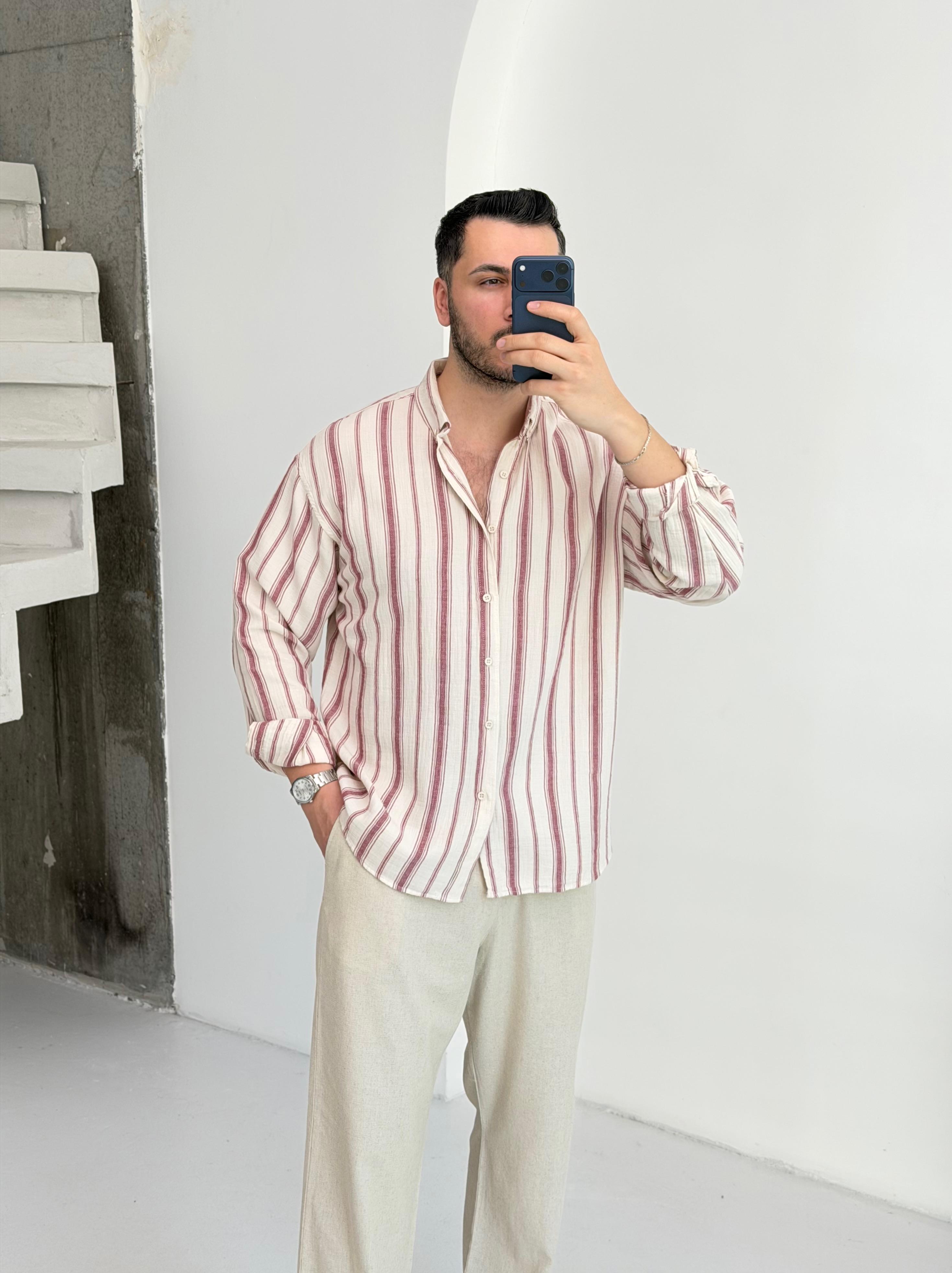 Müslin Vişne Çizgili Oversize Keten Gömlek
