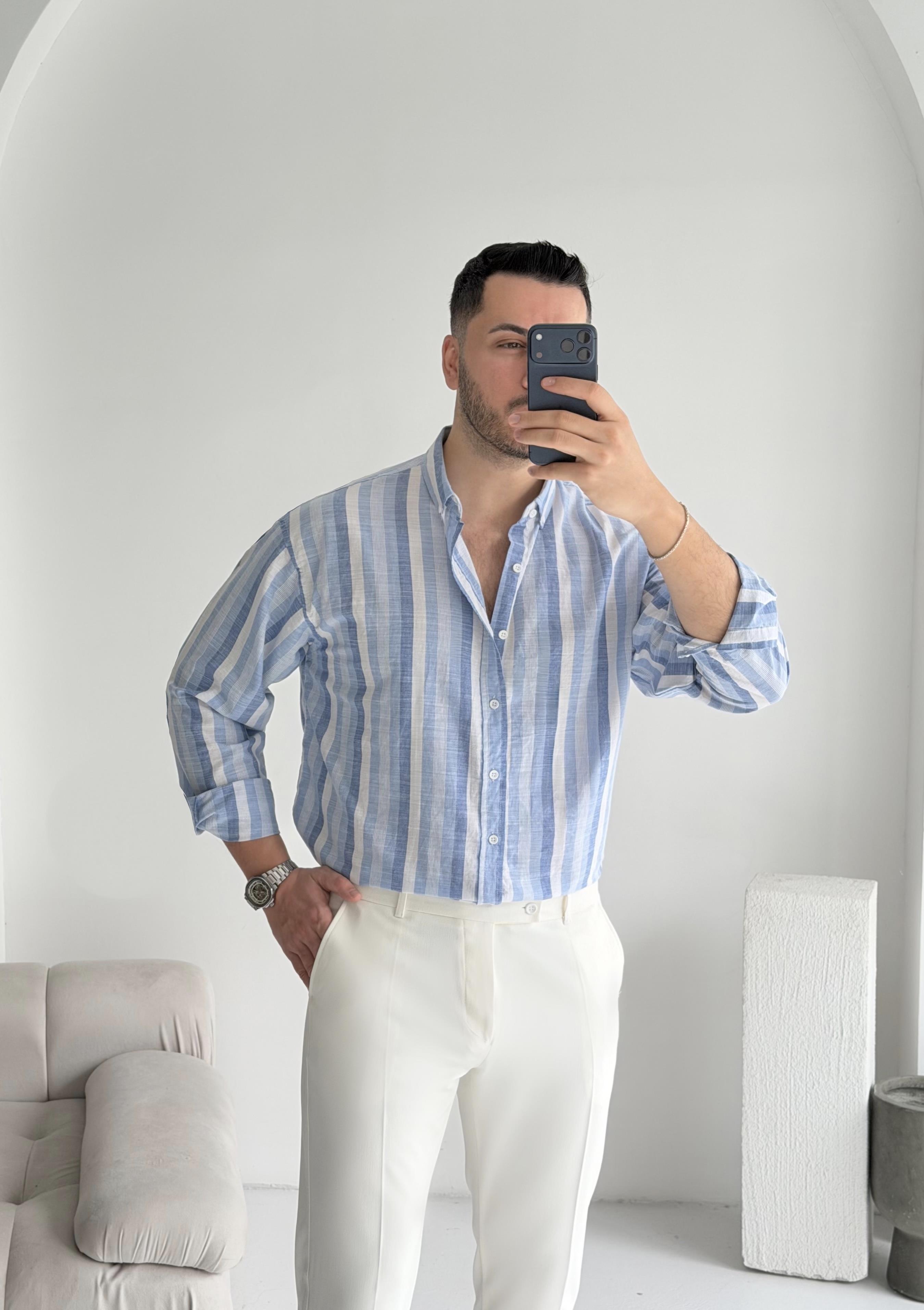 Noir Mavi Çizgili Oversize Keten Gömlek 