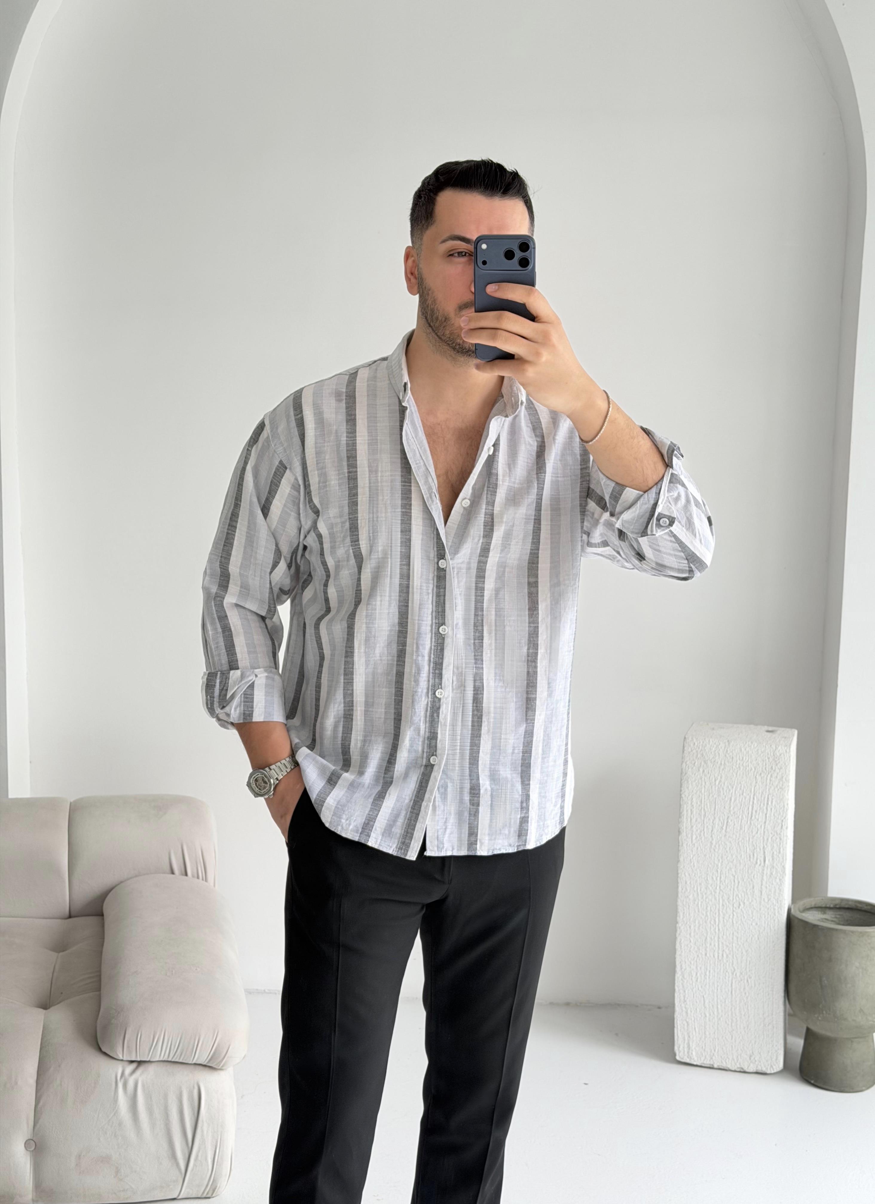 Noir Siyah Çizgili Oversize Keten Gömlek 