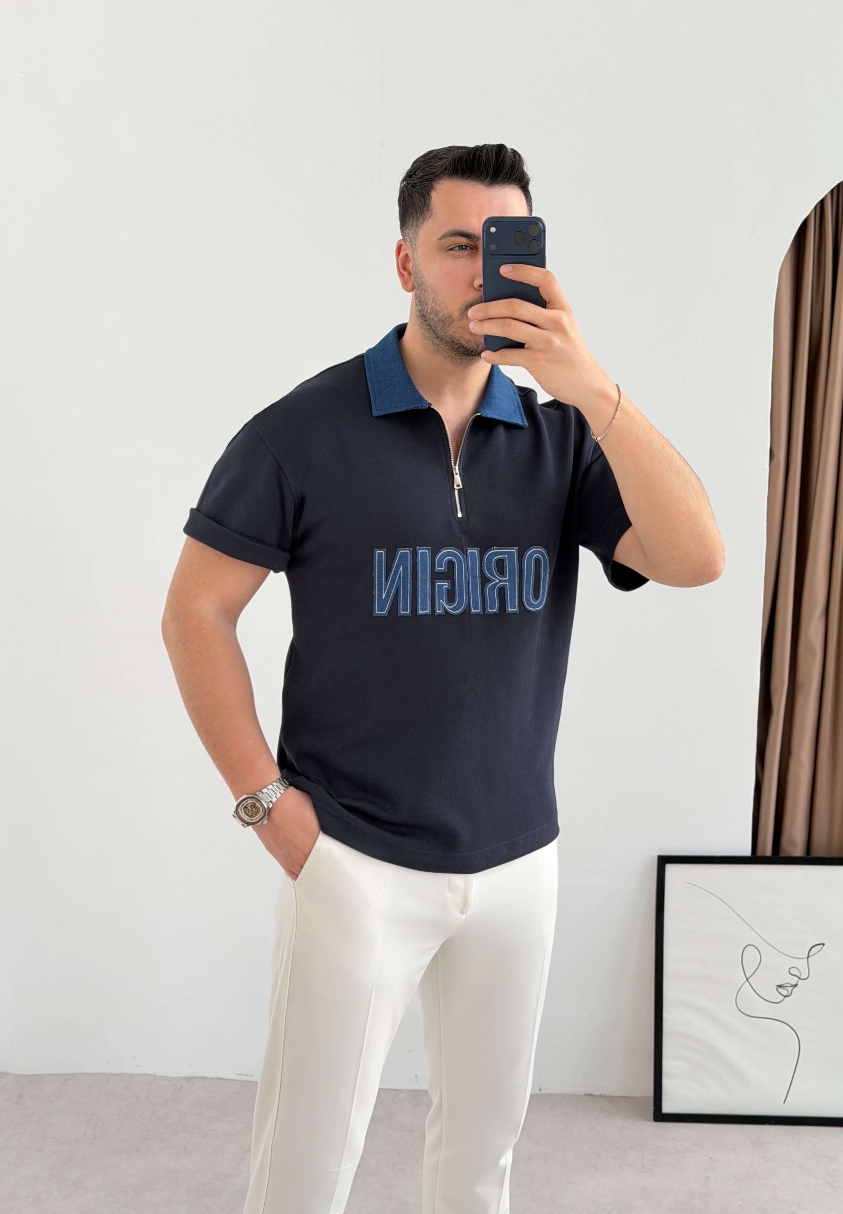 Original Nakış Lacivert Oversize Tişört