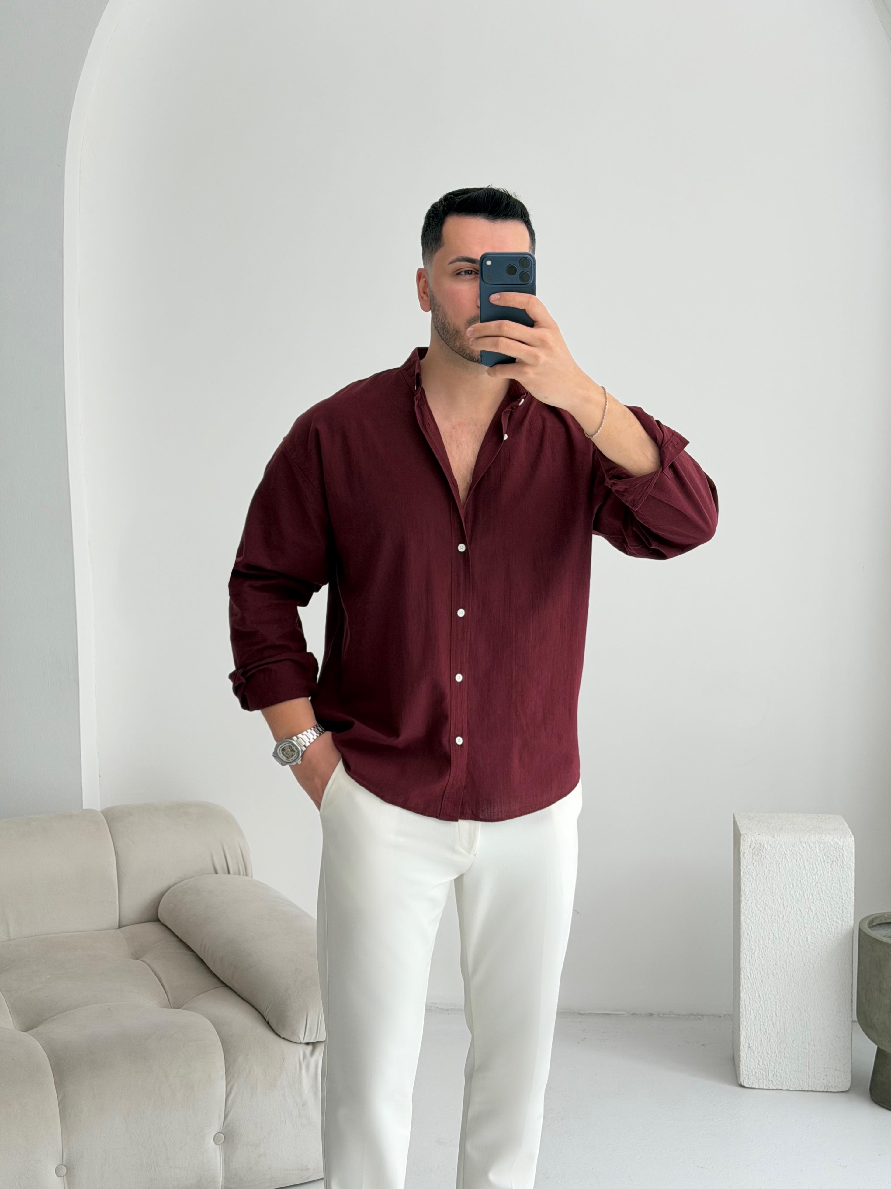 Orjinal Fresh Keten Bordo Oversize Gömlek 