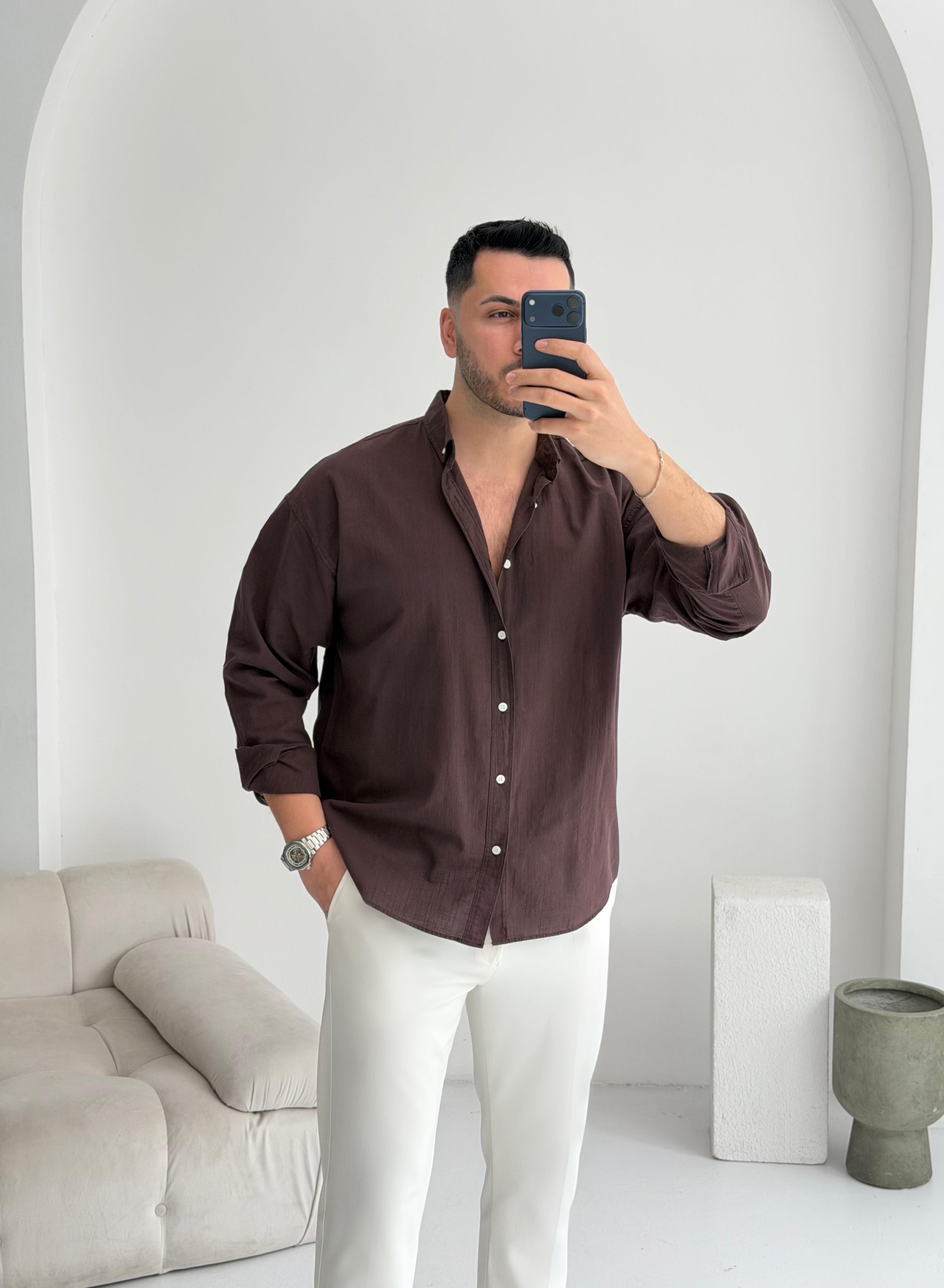 Orjinal Fresh Keten Kahve Oversize Gömlek 