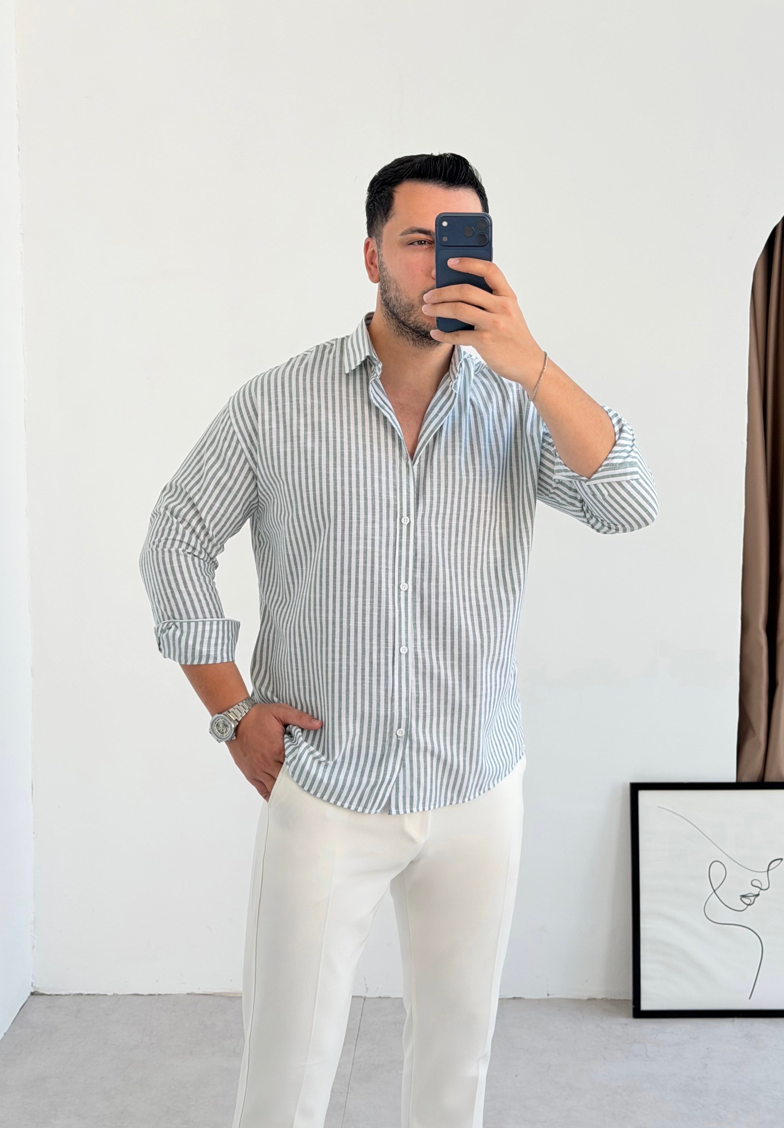 Premium Yeşil Çizgili Keten Gömlek