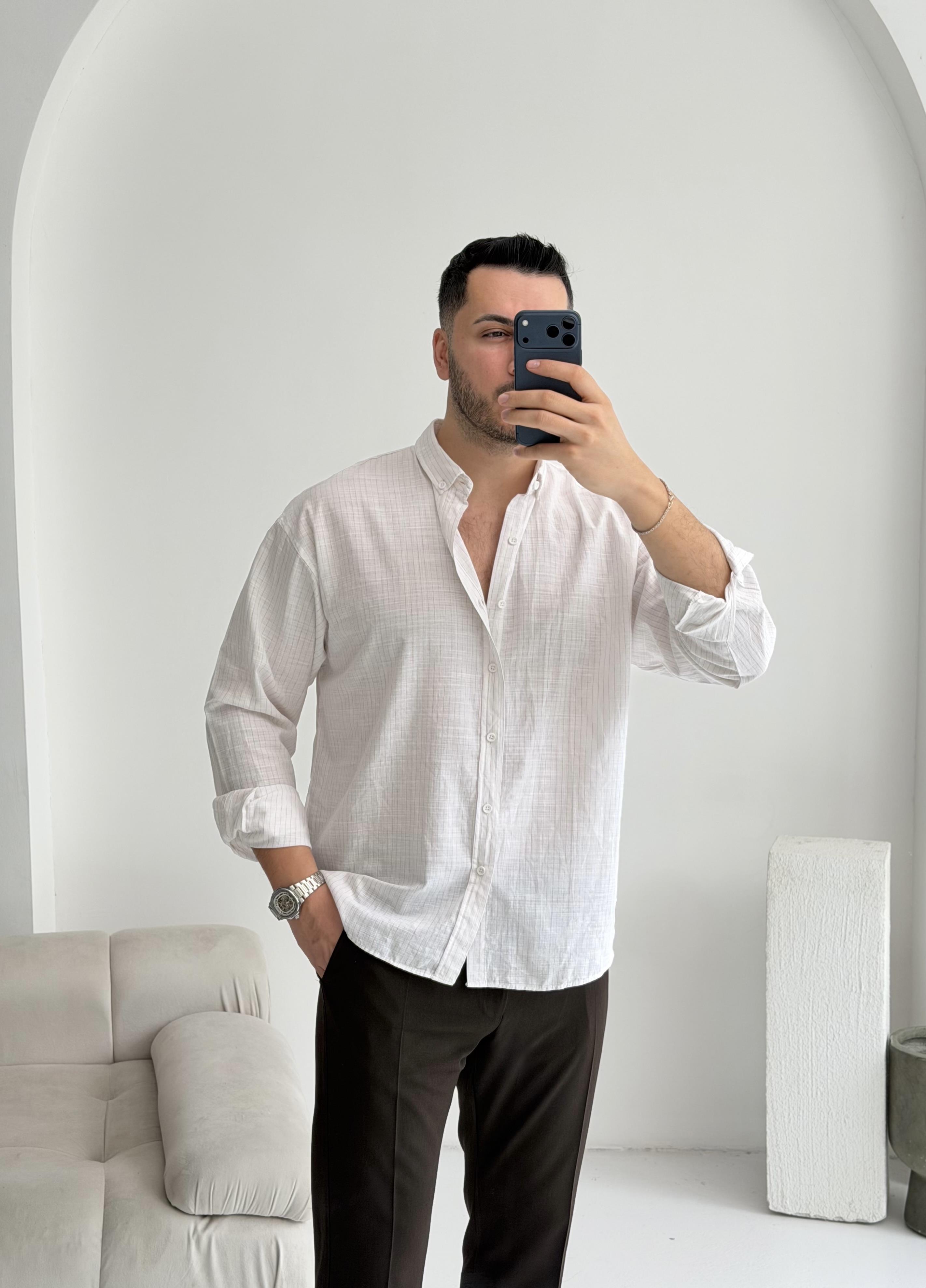 Sante Kahve İnce Çizgili Oversize Keten Gömlek