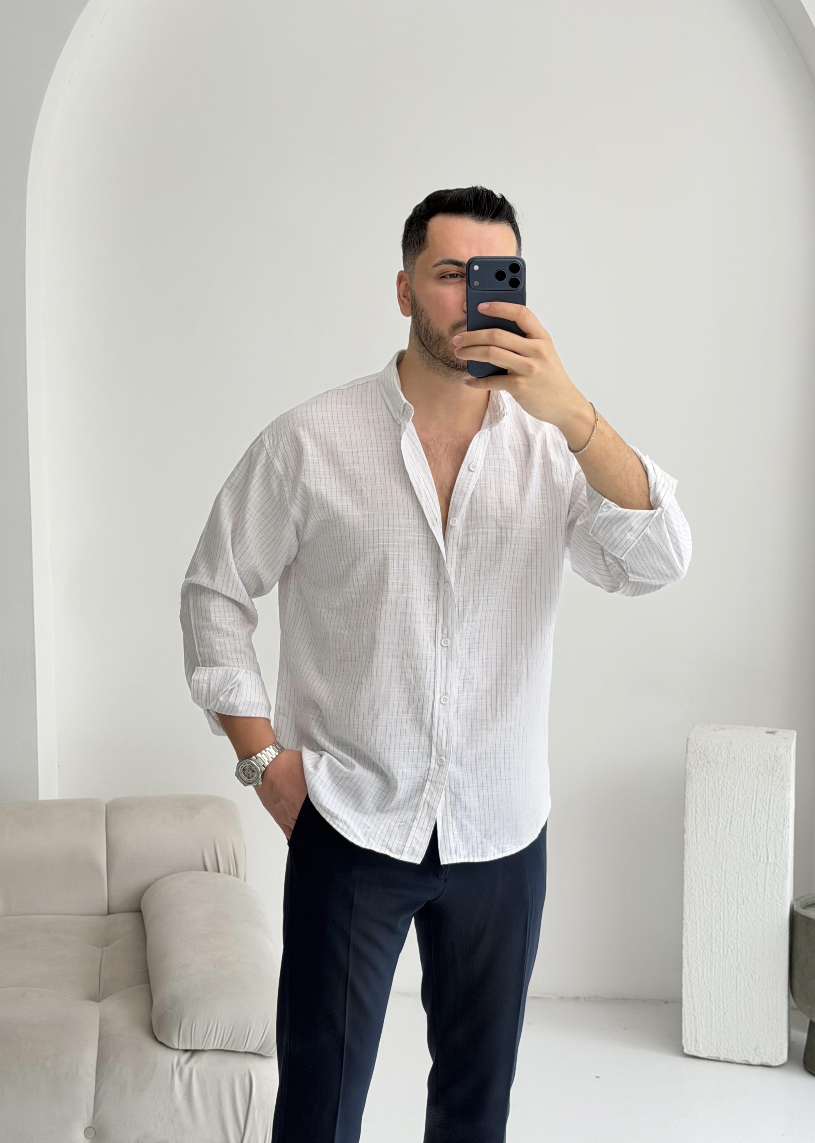 Sante Mavi İnce Çizgili Oversize Keten Gömlek