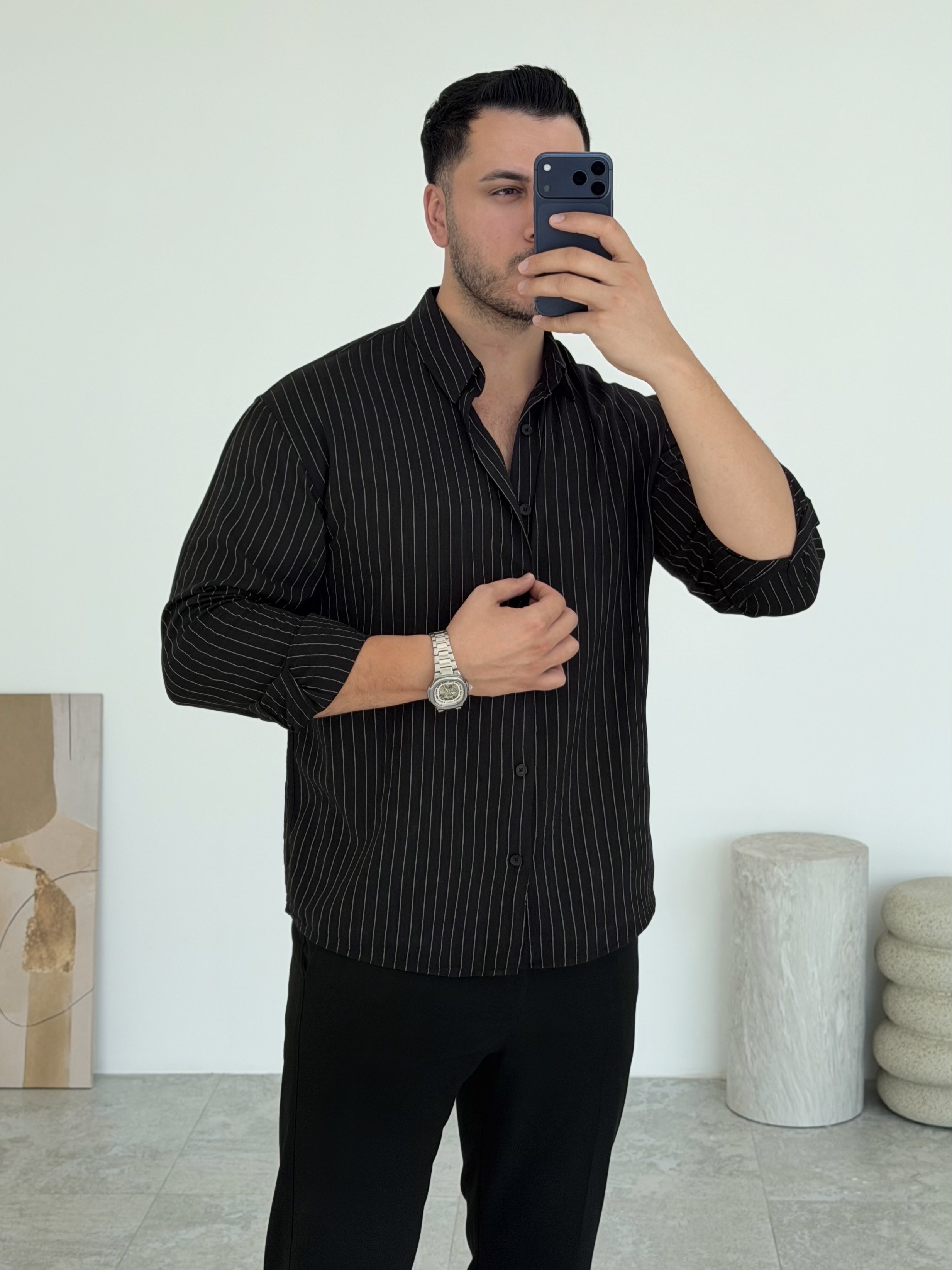 Siyah Çizgili Pamuk Gömlek 