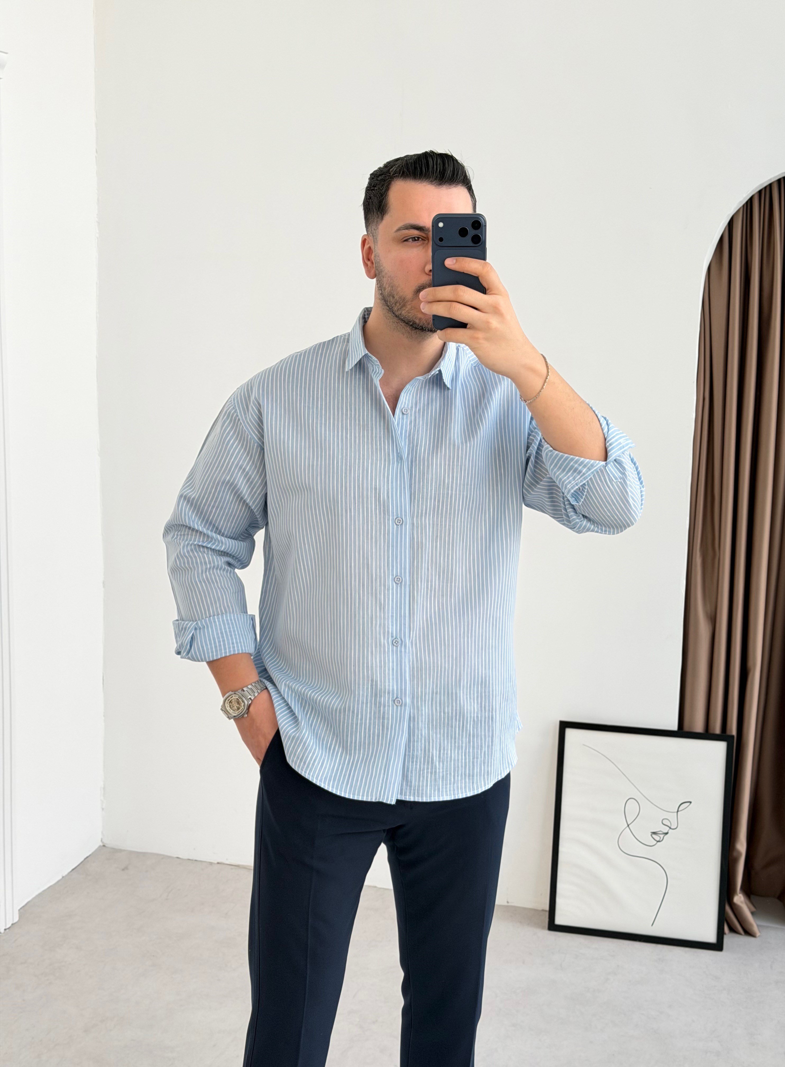 Titanyum Mavi Çizgili Oversize Gömlek