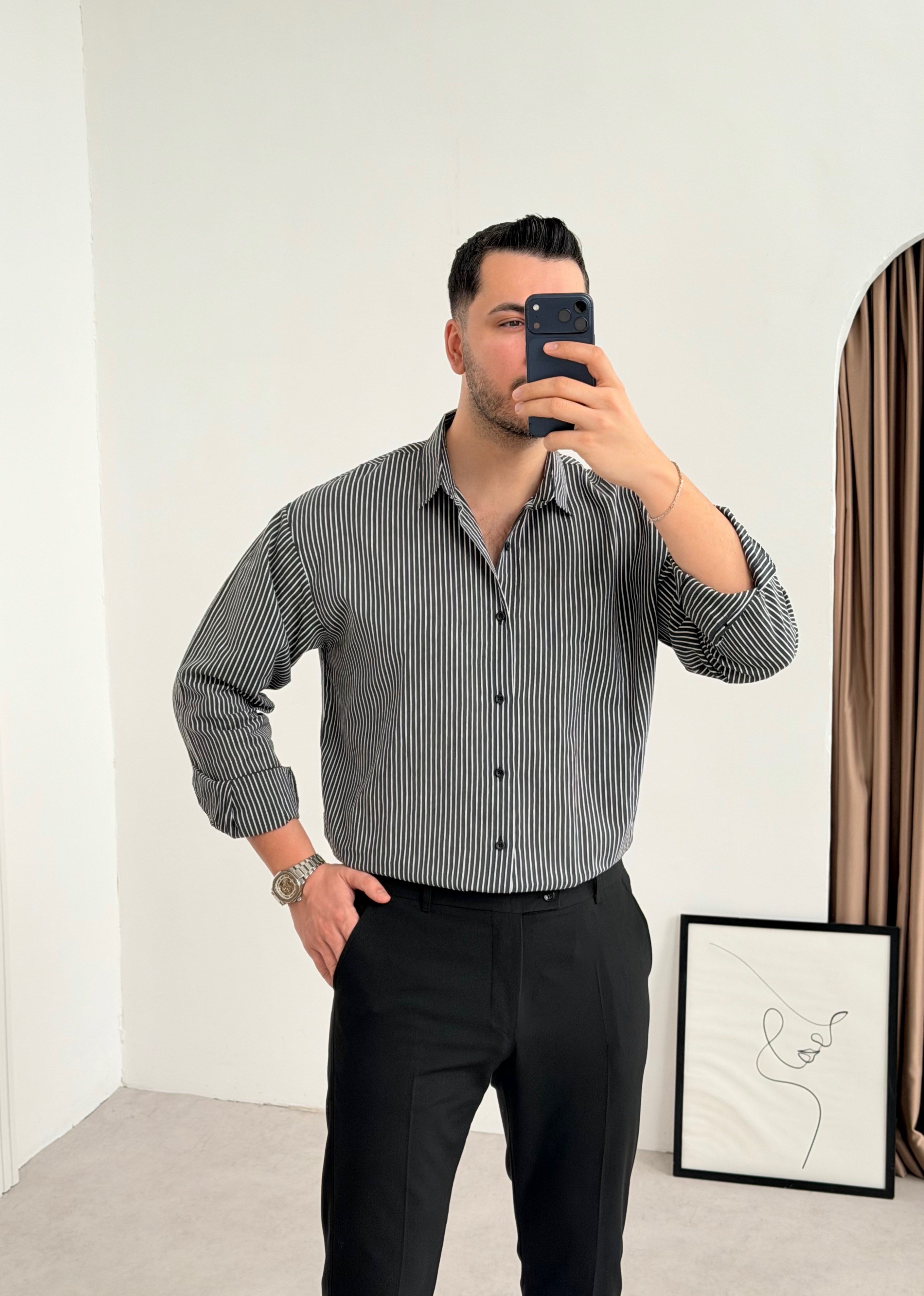 Titanyum Siyah Çizgili Oversize Gömlek