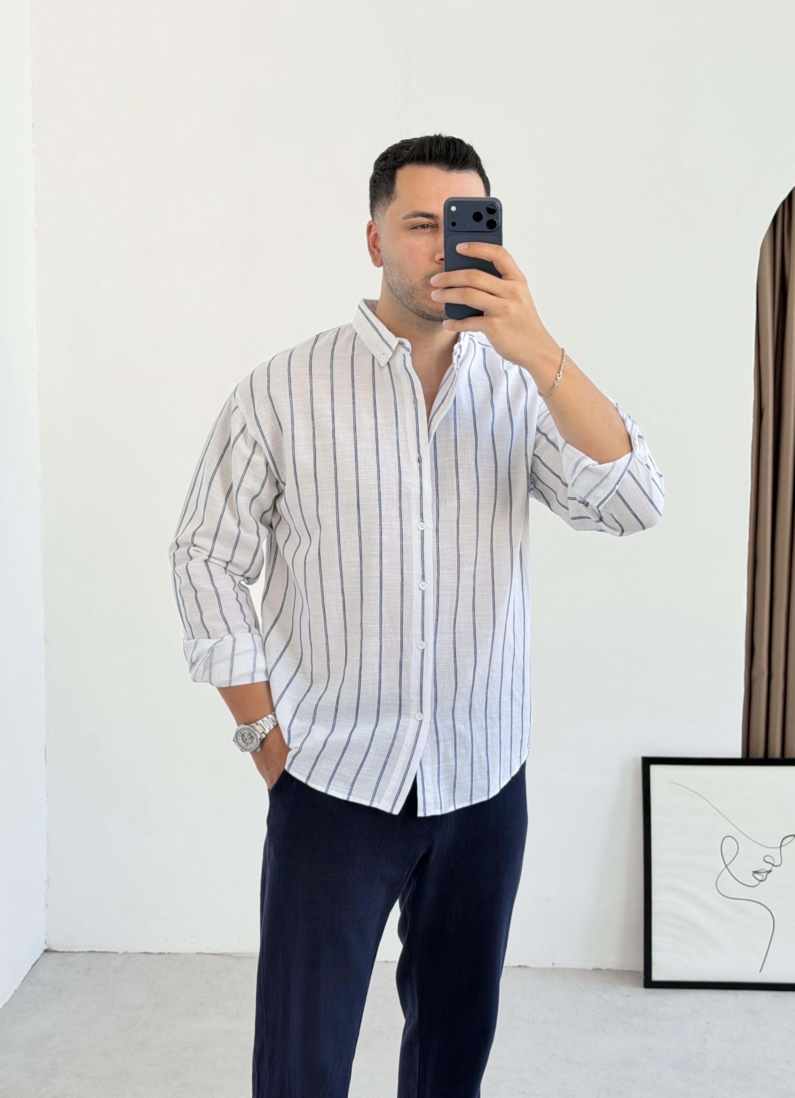 Vouge Lacivert Çizgili Oversize Keten Gömlek
