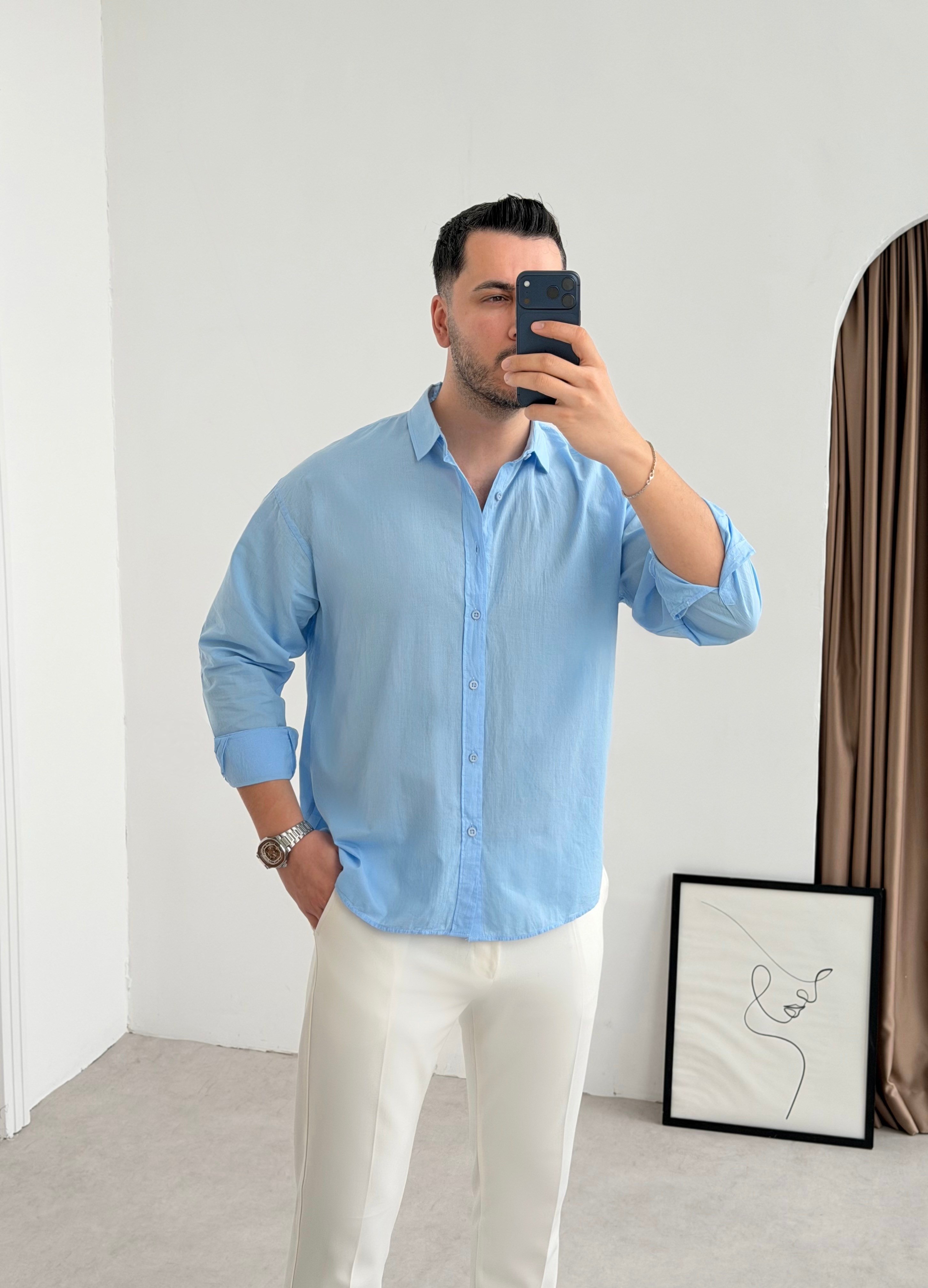 Vual Bebe Mavisi Oversize Keten Gömlek
