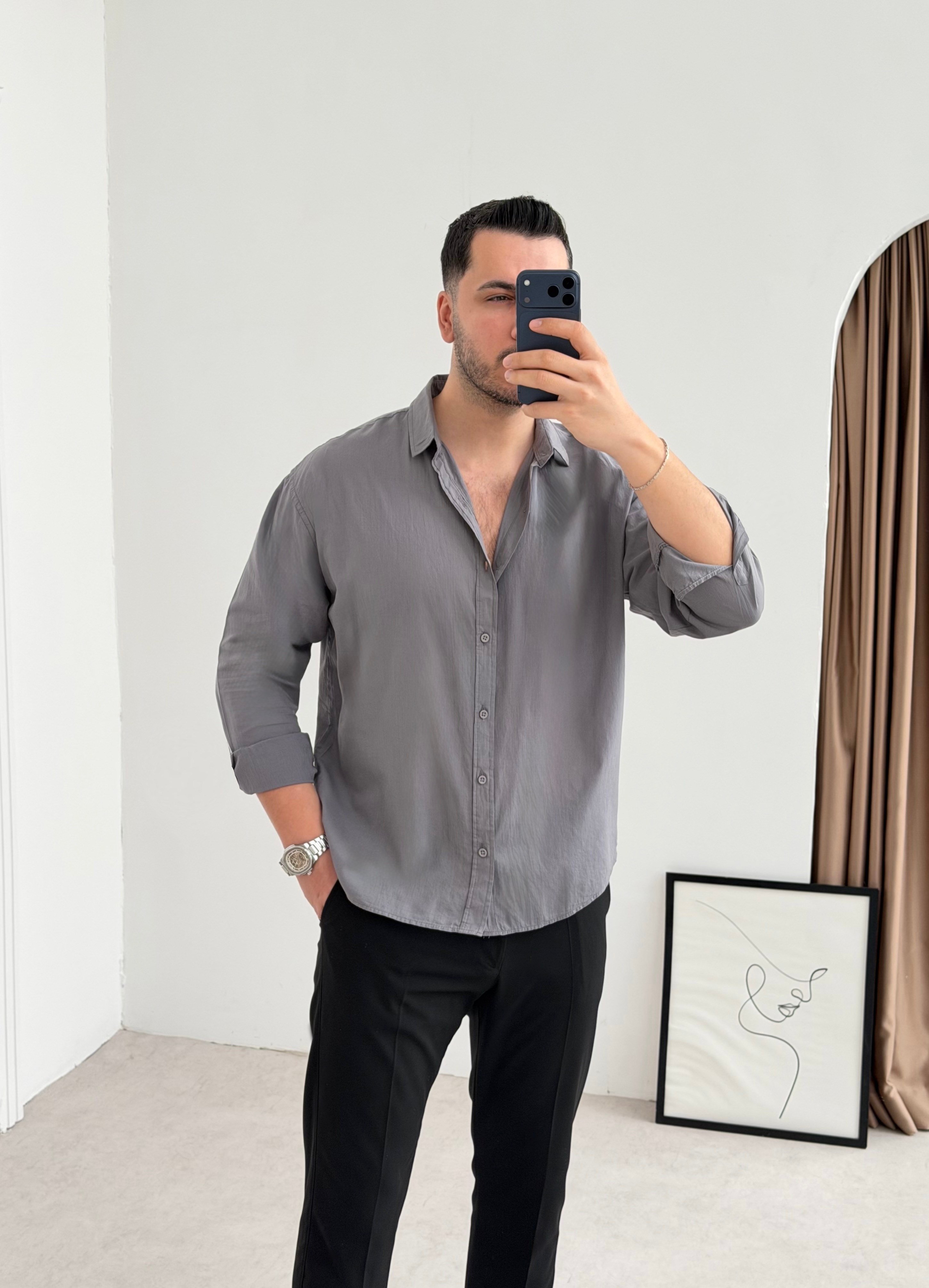 Vual Gri Oversize Keten Gömlek