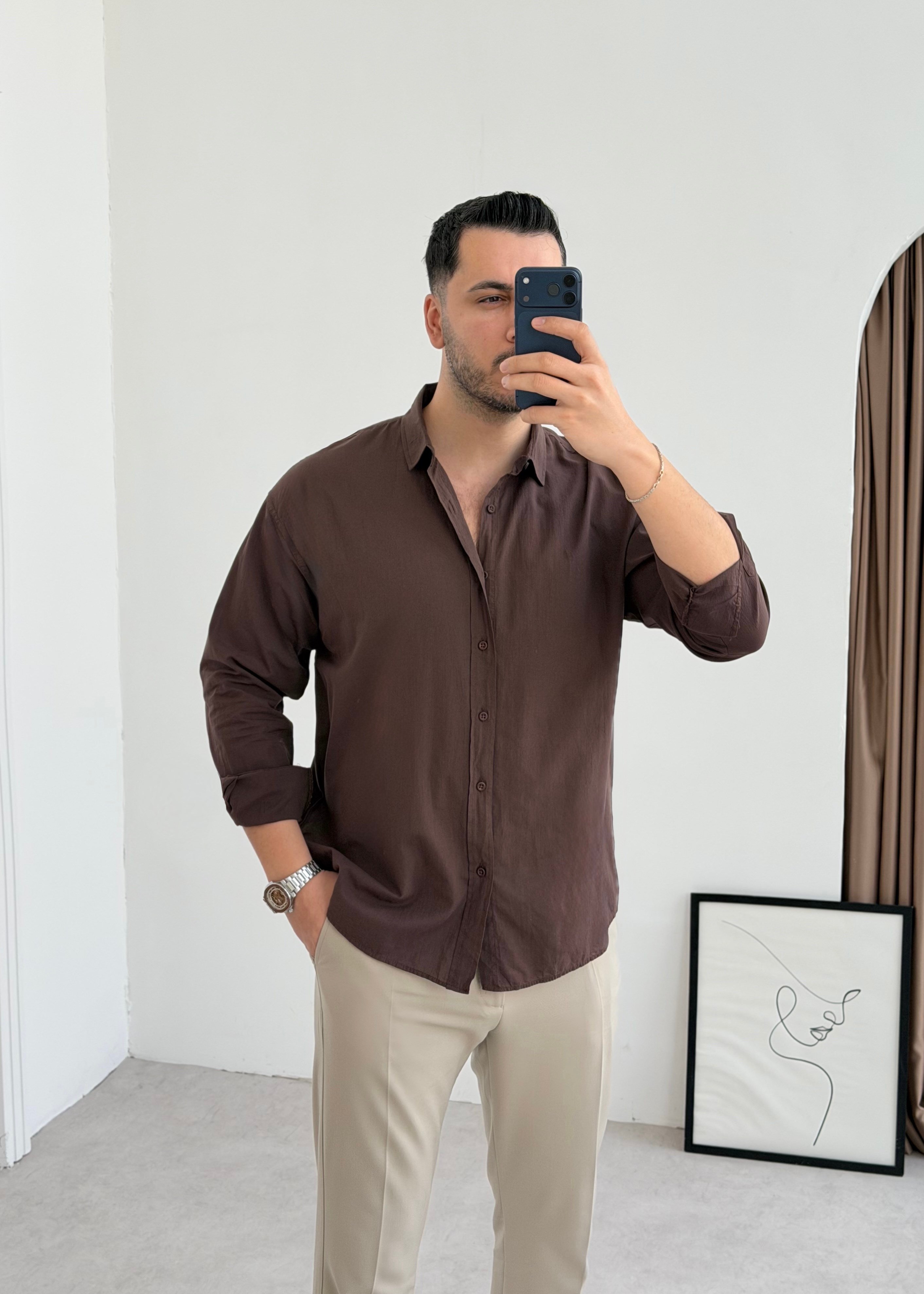 Vual Kahve Oversize Keten Gömlek