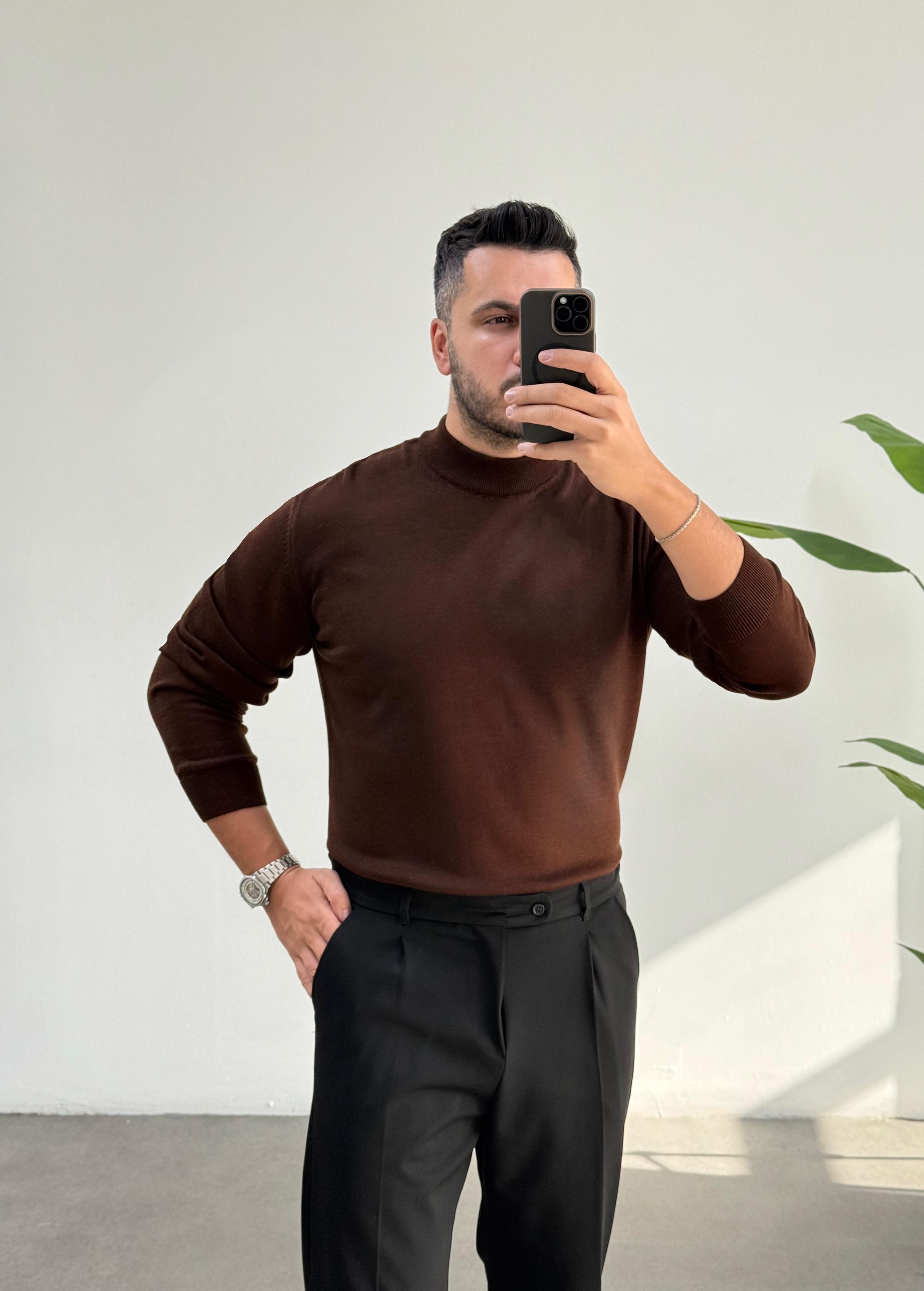 Yarım Balıkçı Kahve Triko Kazak