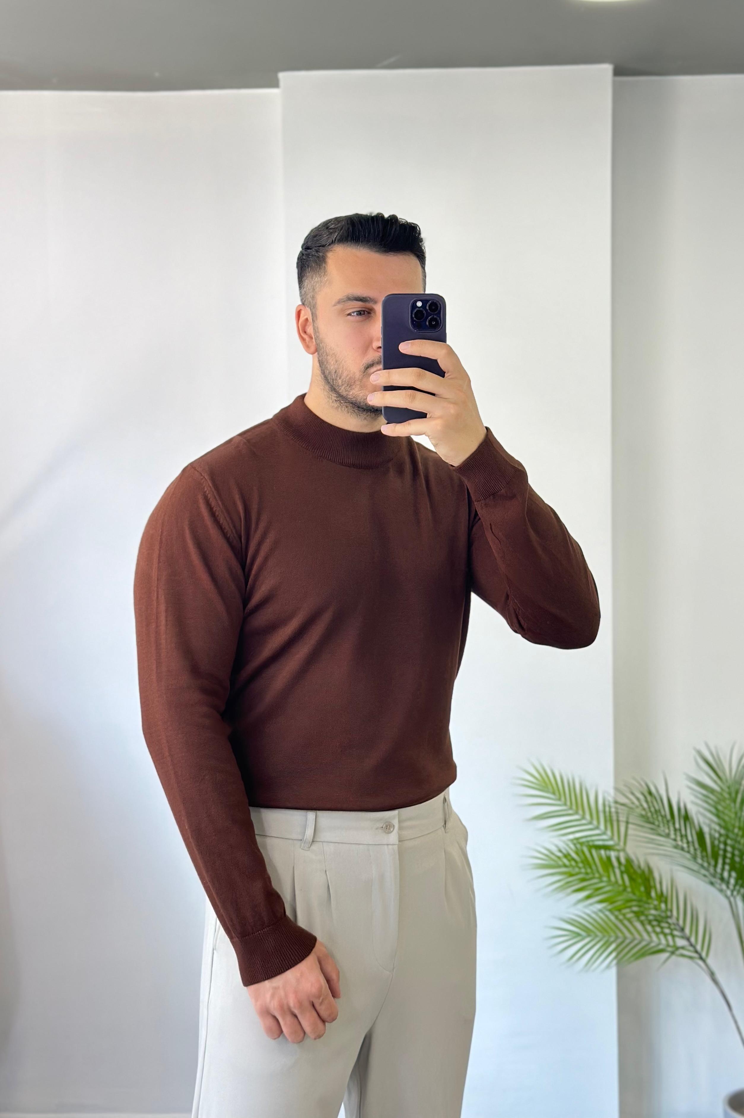 Yarım Balıkçı Kahve Triko Kazak