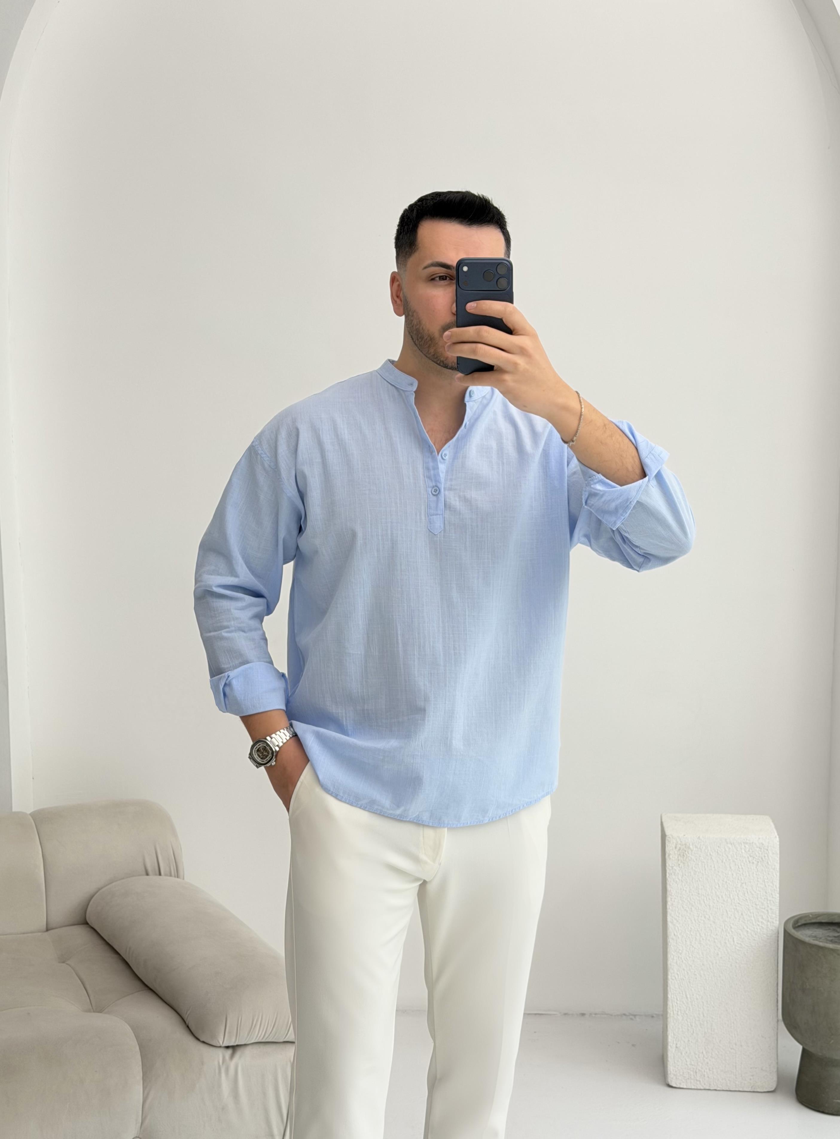 Yarım Pat Bebe Mavisi Oversize Keten Gömlek