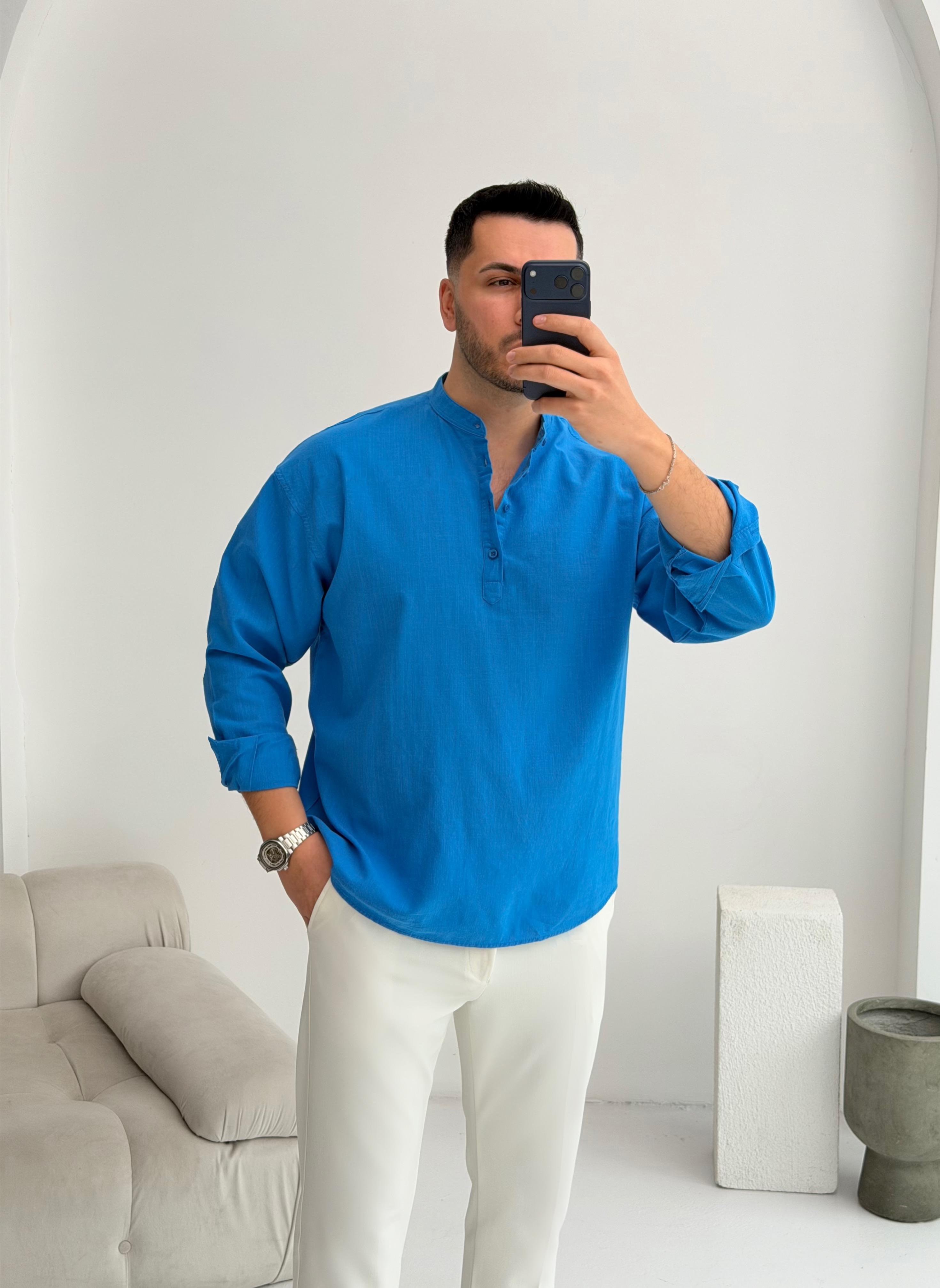 Yarım Pat Saks Mavisi Oversize Keten Gömlek 