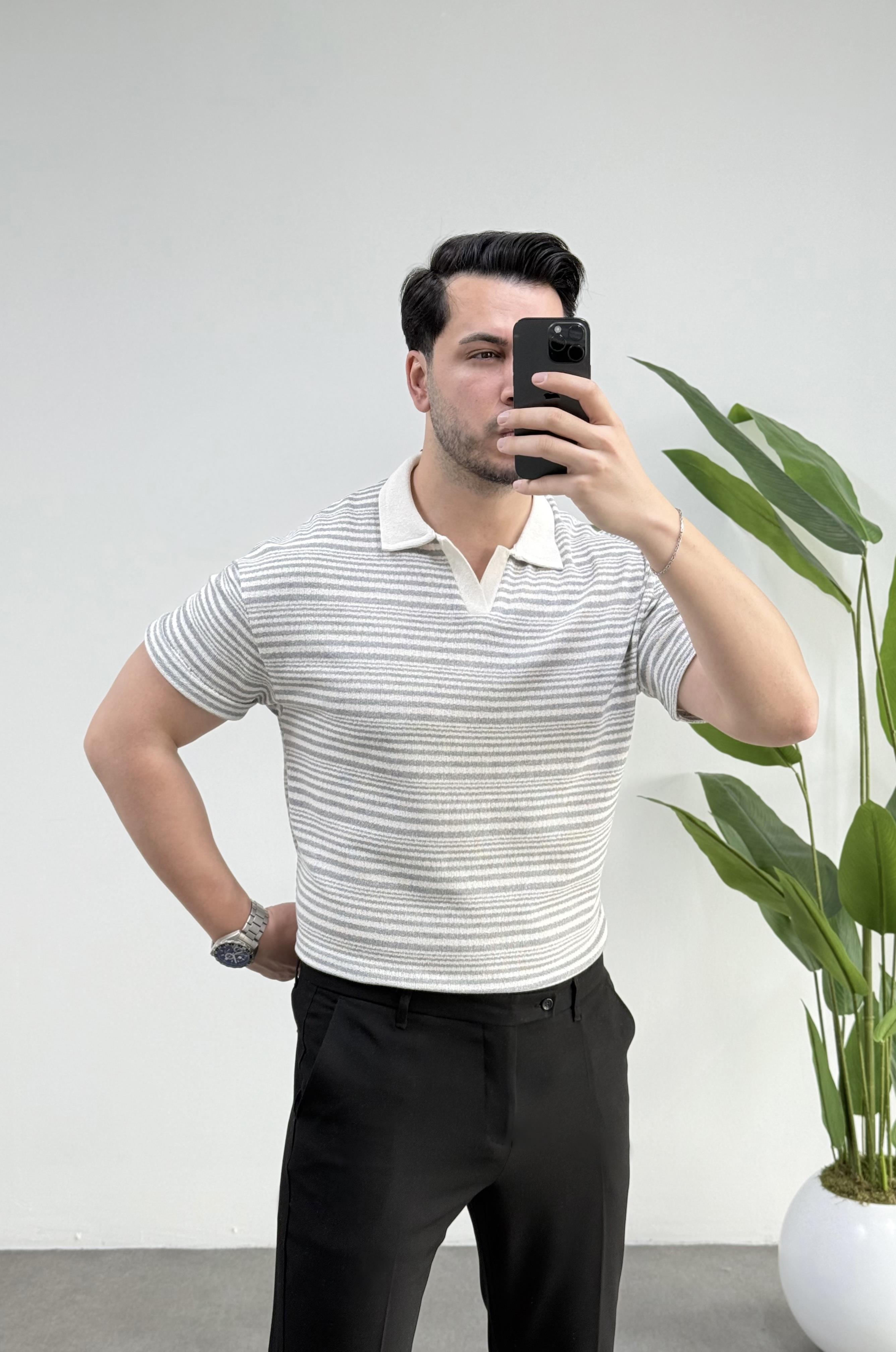 Zeo Gri Desen Polo Yaka Örme Tişört 