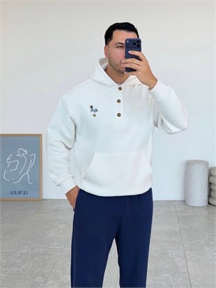 Gold Beyaz Kapüşonlu Şardonlu Sweatshirt