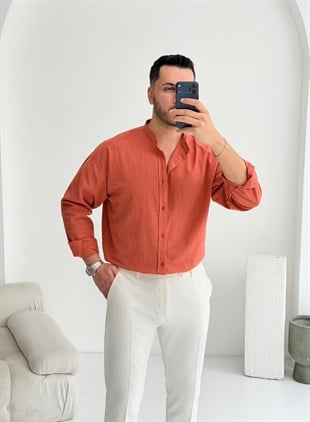 Hakim Yaka Kiremit Oversize Keten Gömlek