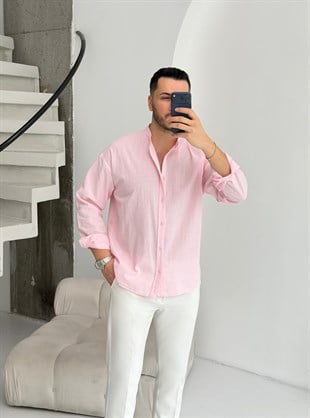 Hakim Yaka Pudra Oversize Keten Gömlek