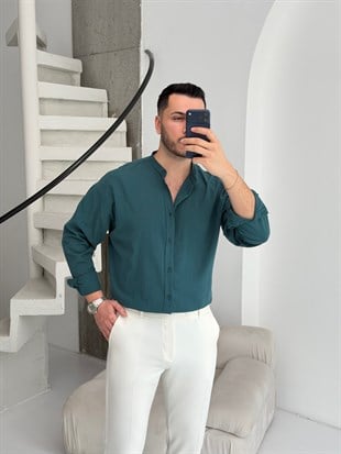 Hakim Yaka  Zümrüt Oversize Keten Gömlek