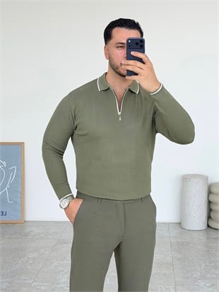 Jesou Yaka Detay Fermuarlı Haki Triko