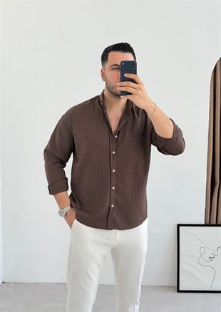 Lorel Kahve Çizgili Keten Gömlek 