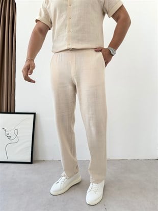 Luxry Bej Keten Pantolon