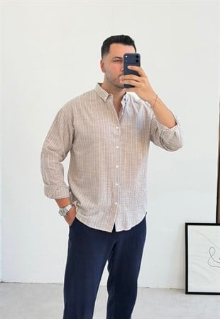 Monaco Özel Tasarım Bej Oversize Keten Gömlek
