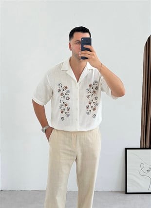 Nakış Detaylı Kısa Kol Keten Beyaz Gömlek 