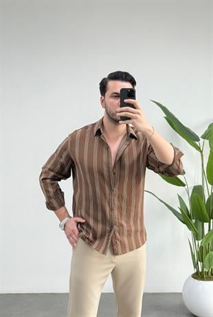 Olio Kahve Çizgili Oversize Keten Gömlek 