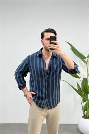 Olio Lacivert Çizgili Oversize Keten Gömlek 