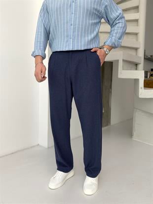 Orjinal Keten Lacivert Baggy Pantolon