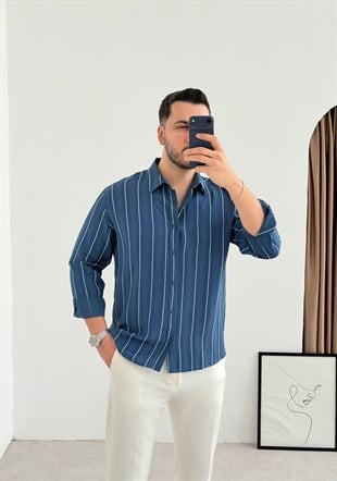 Qua İndigo İnce Çizgi Oversize Gömlek