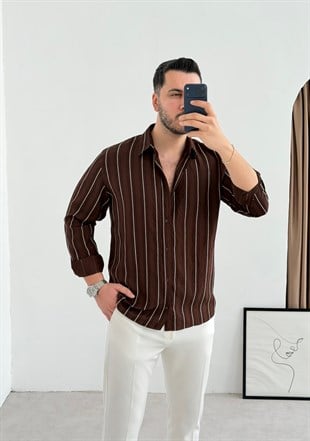 Qua Kahve İnce Çizgi Oversize Gömlek