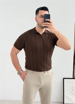 Saç Örgü Kahve Örme Polo Yaka Tişört