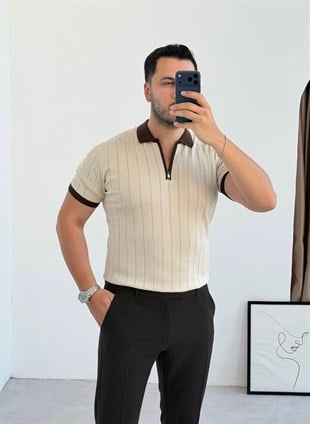 Valentino Bej Fermuarlı Örme Tişört