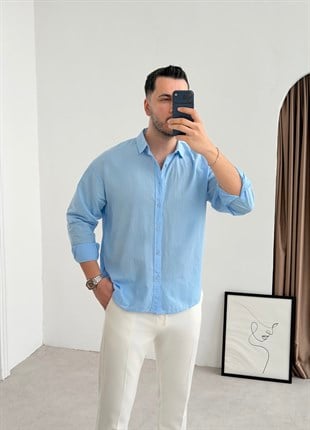 Vual Bebe Mavisi Oversize Keten Gömlek