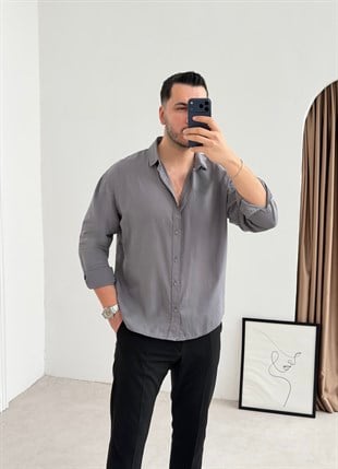 Vual Gri Oversize Keten Gömlek