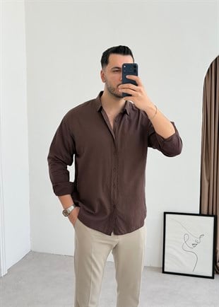 Vual Kahve Oversize Keten Gömlek