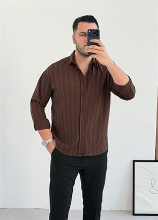 Zayron Kahve Çizgili Keten Gömlek