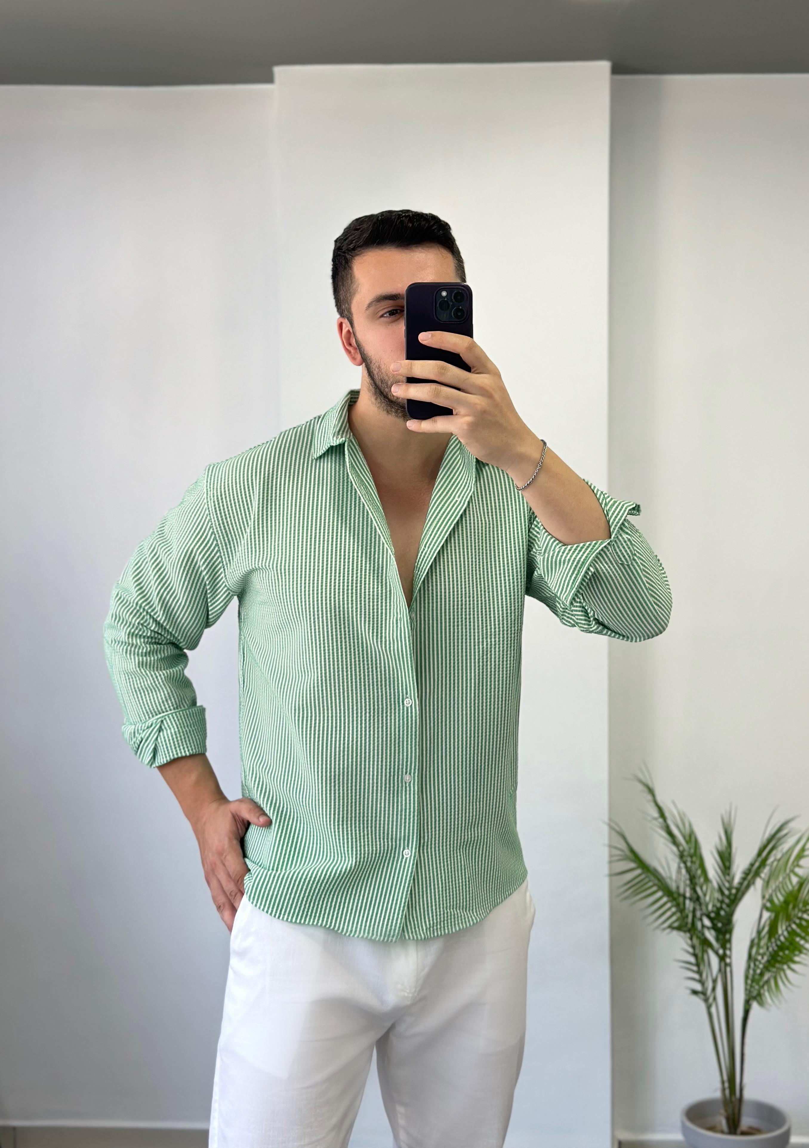 Açık Yeşil Yarım Oversize Keten Gömlek 