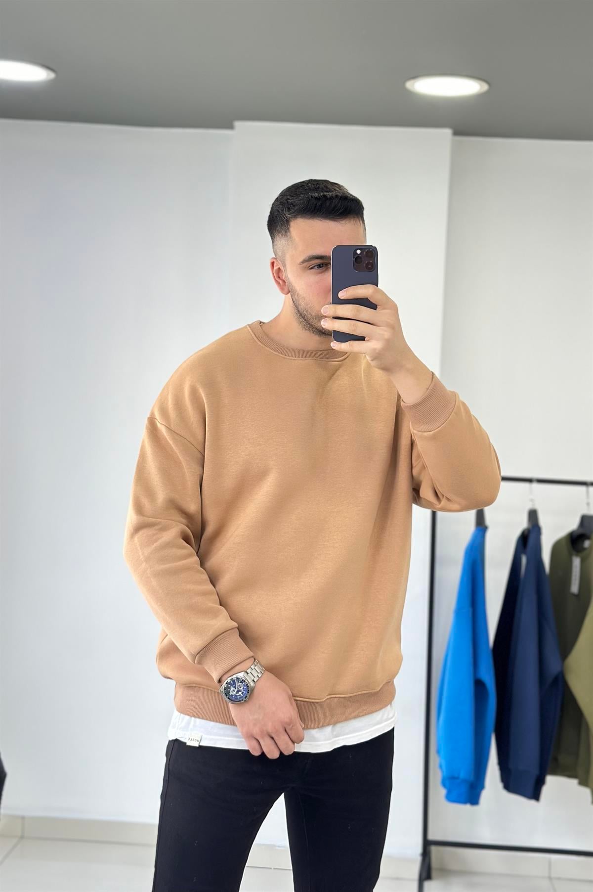 Bej 3 İplik Şardonlu Oversize Sweatshirt 