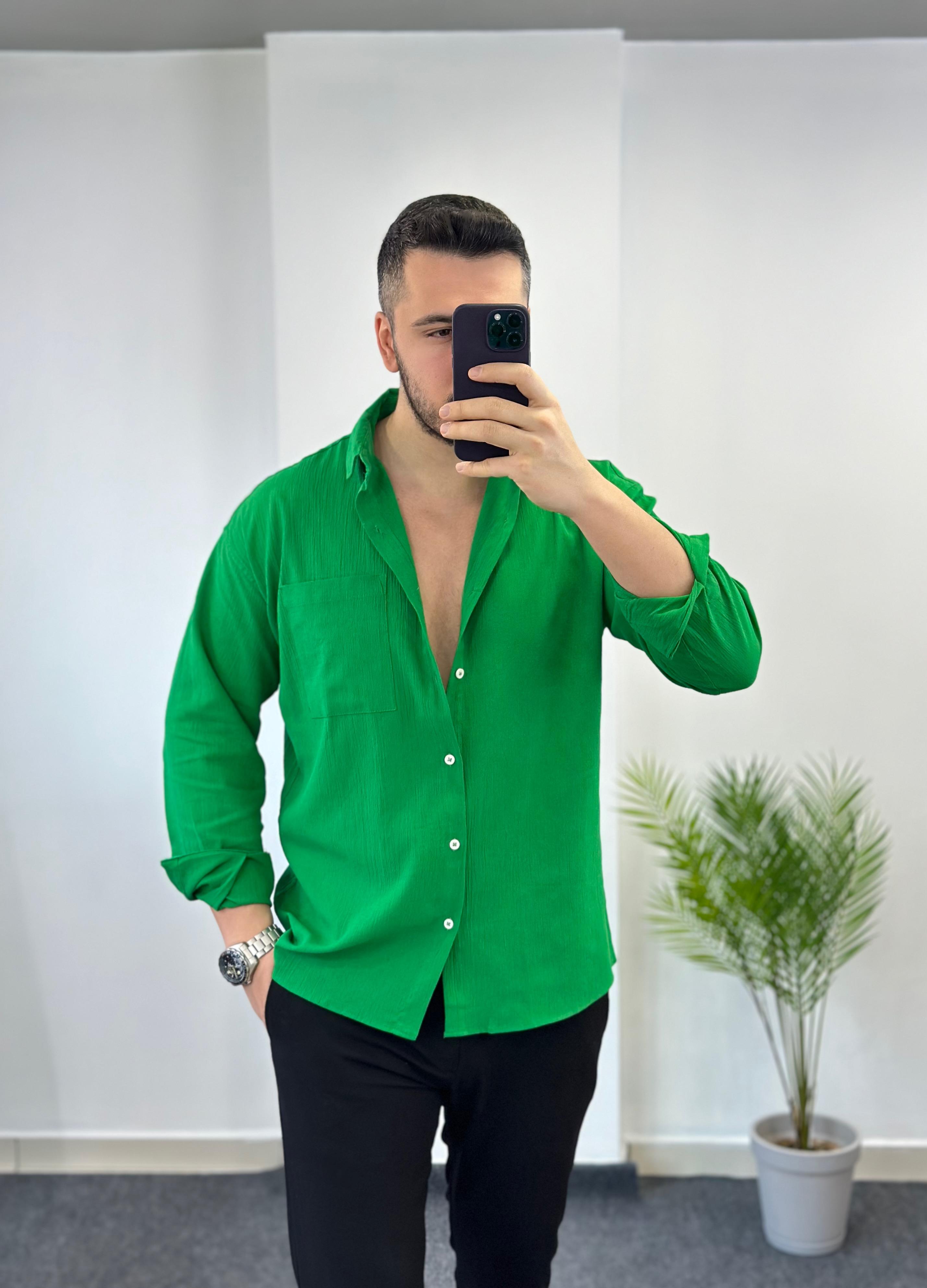 Benotton Yeşili Oversize Keten Gömlek