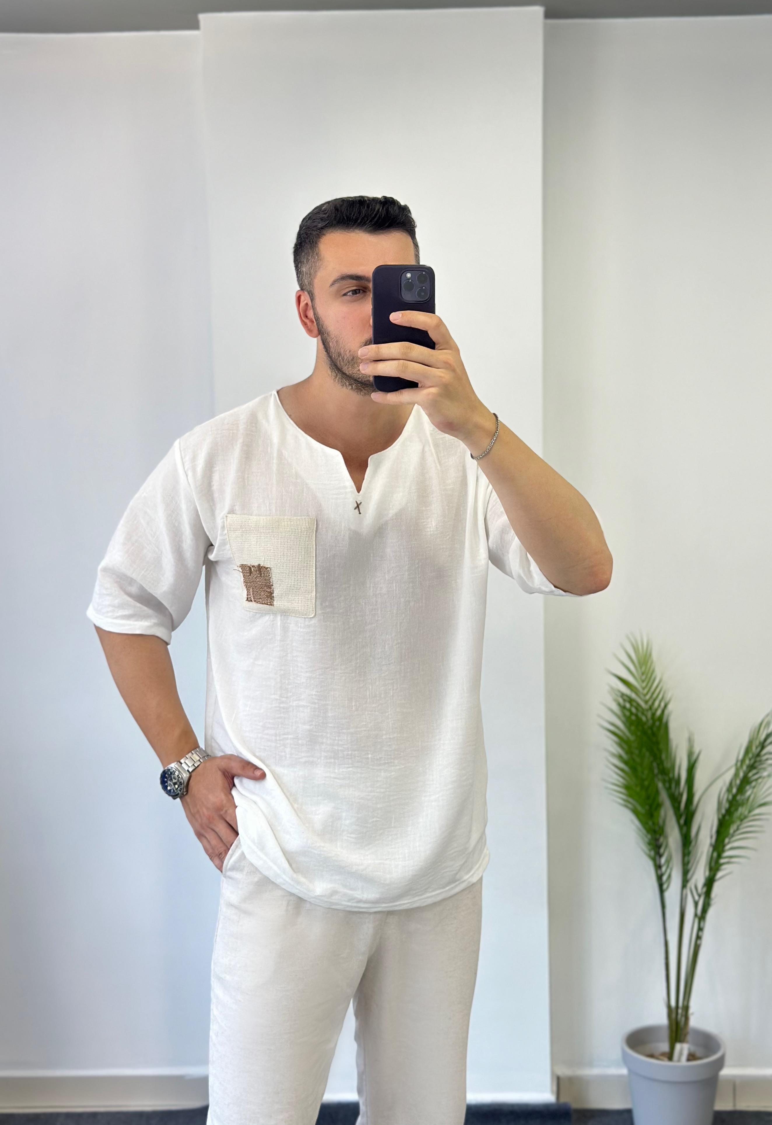 Beyaz Etnik Bohem Keten Oversize Tişört 