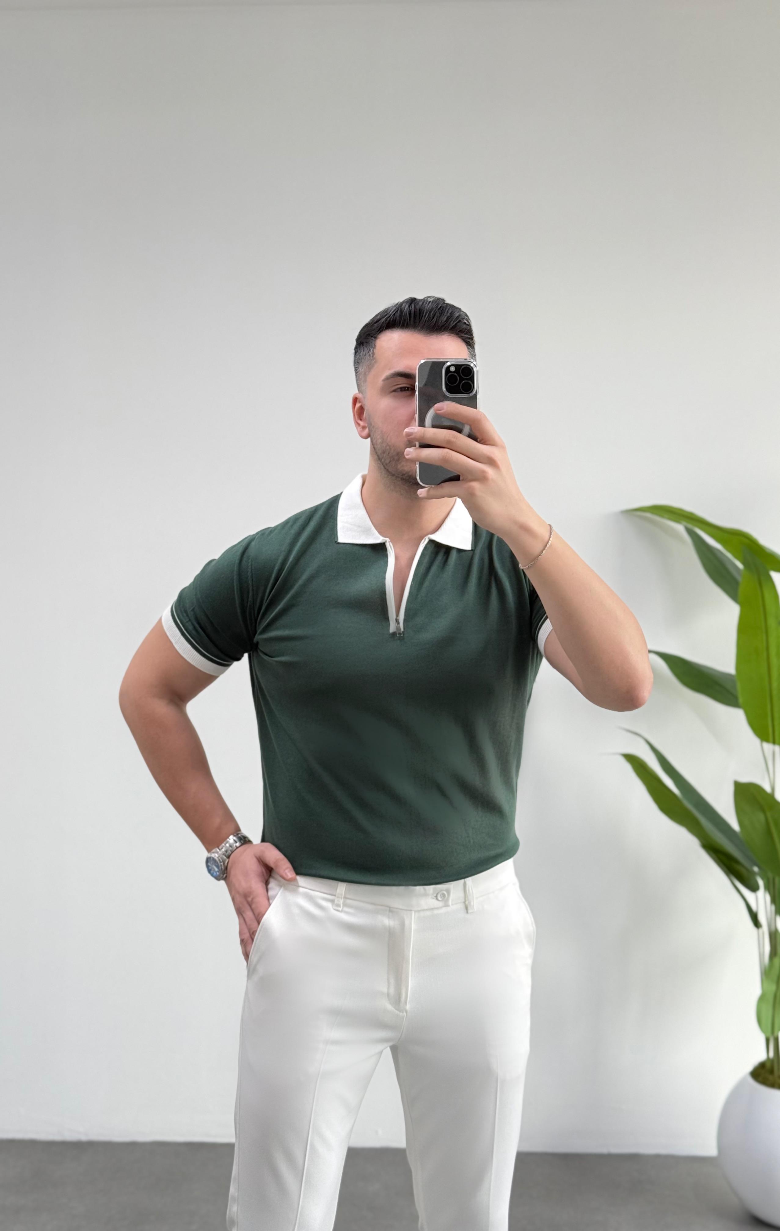 Beyaz Yaka Fermuarlı Yeşil Örme Tişört 