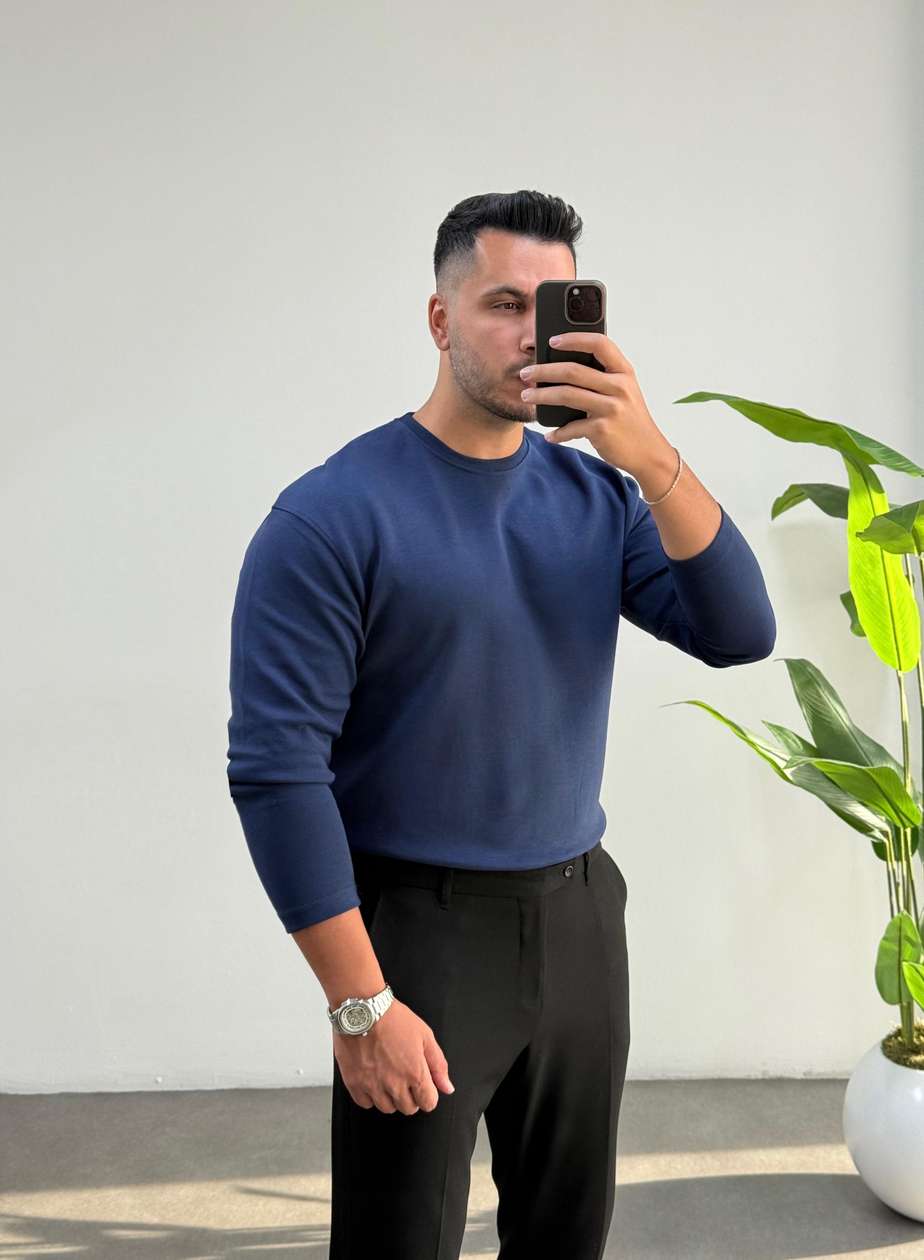 Bisiklet Yaka Duble Face Lacivert Sweat 