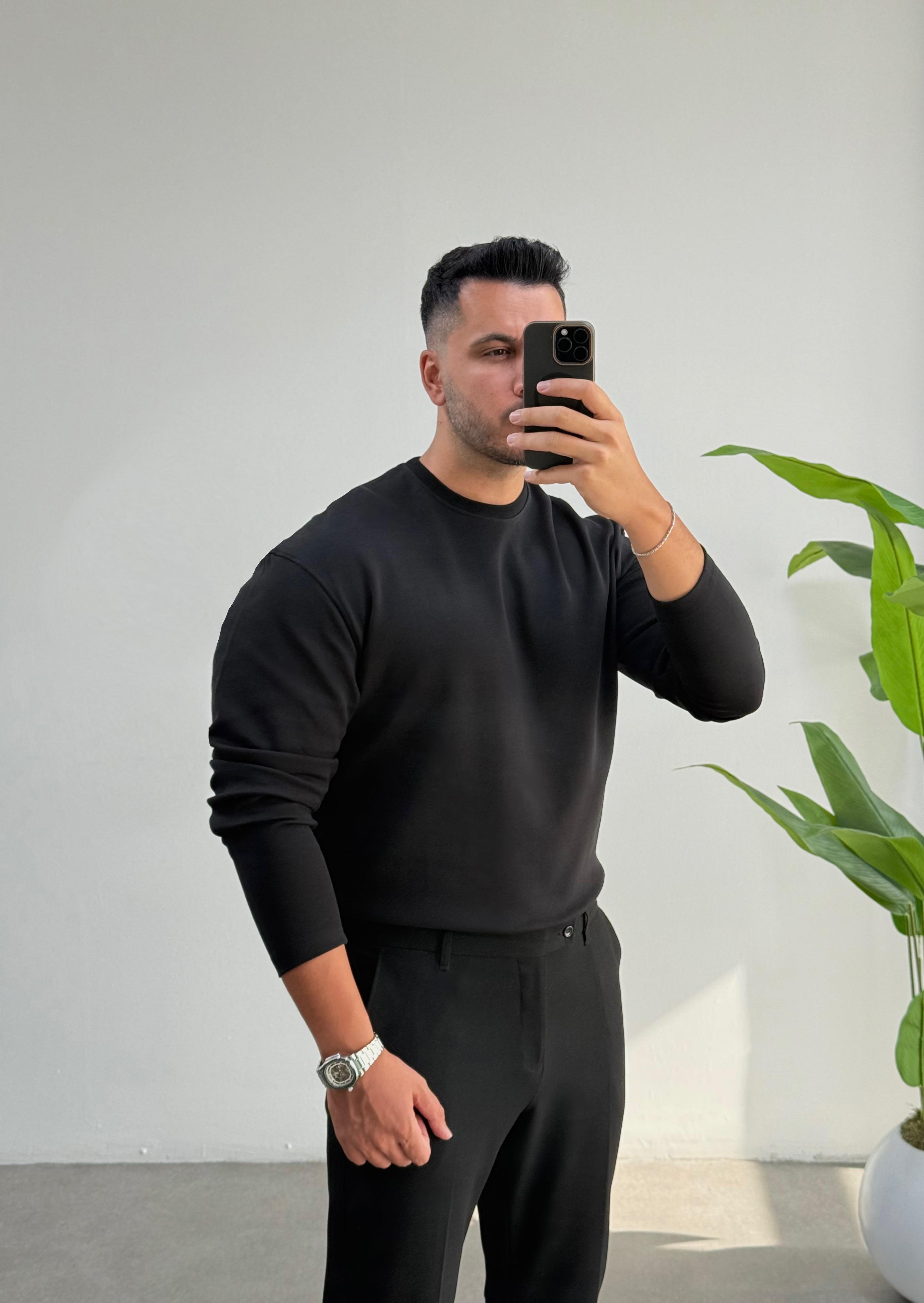 Bisiklet Yaka Duble Face Siyah Sweat